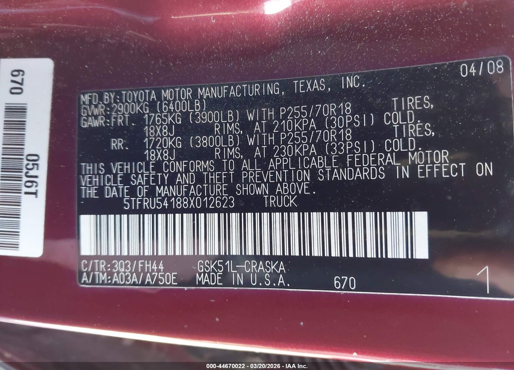 2008 TOYOTA TUNDRA BASE V6 VIN: 5TFRU54188X012623
