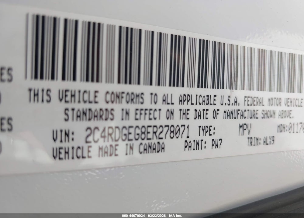 2014 DODGE GRAND CARAVAN R/T VIN: 2C4RDGEG8ER278071