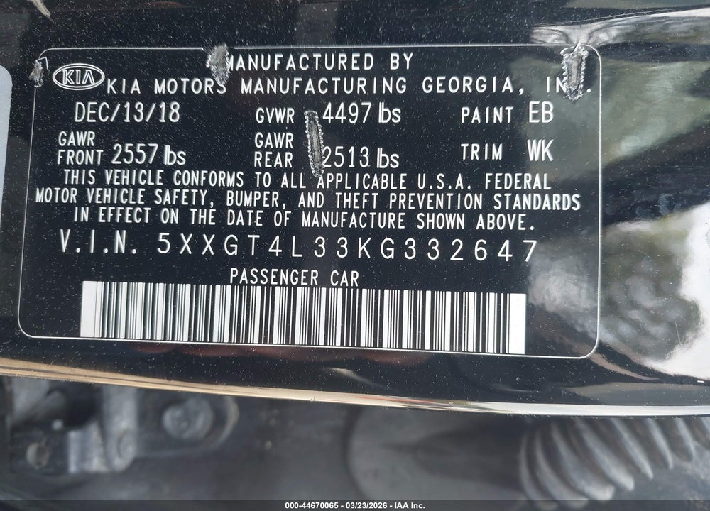2019 KIA OPTIMA LX VIN: 5XXGT4L33KG332647