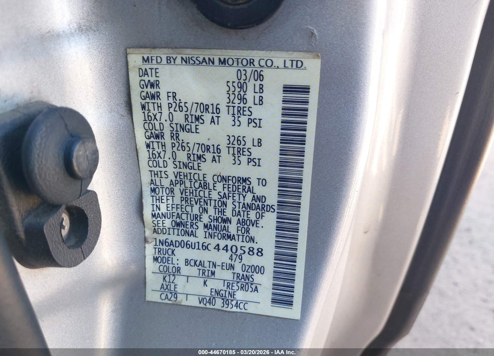 2006 NISSAN FRONTIER SE VIN: 1N6AD06U16C440588