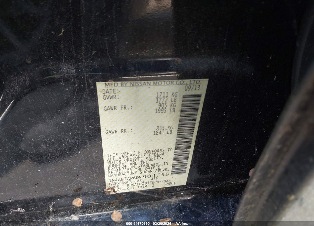 2013 NISSAN SENTRA SV VIN: 1N4AB7AP6DN904758