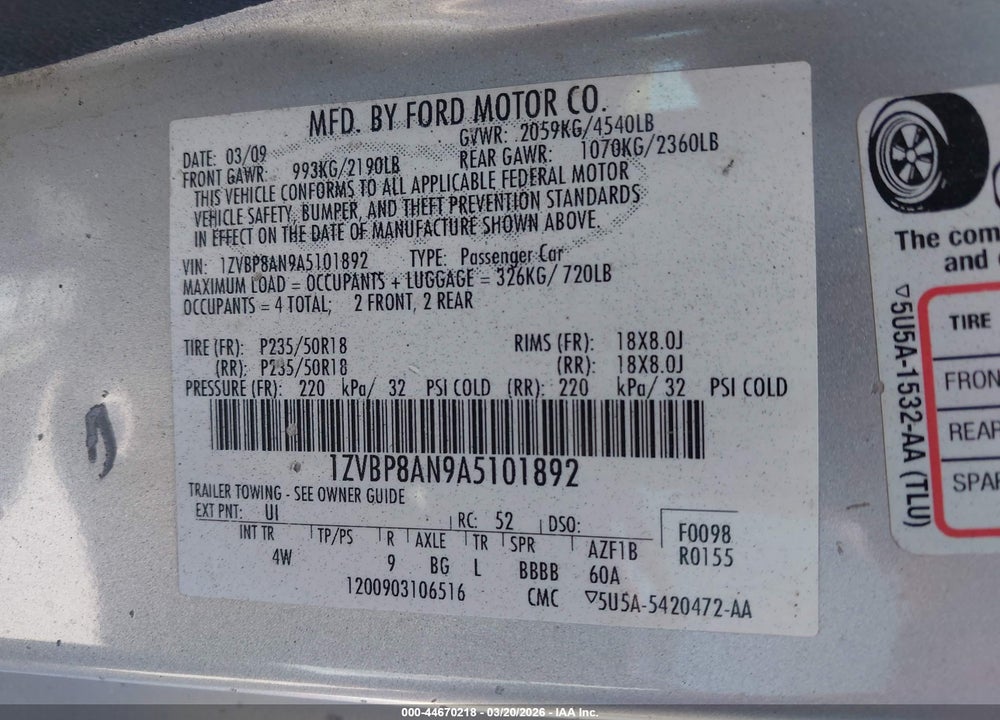 2010 FORD MUSTANG V6/V6 PREMIUM VIN: 1ZVBP8AN9A5101892