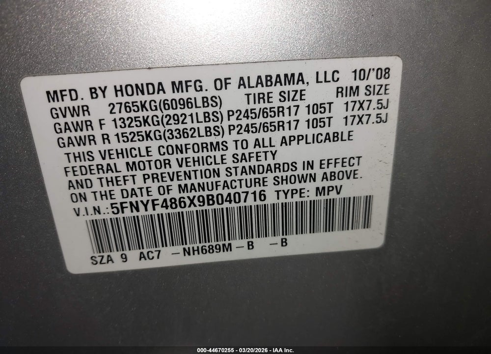 2009 HONDA PILOT EX-L VIN: 5FNYF486X9B040716