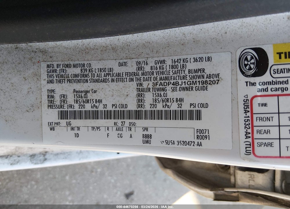 2016 FORD FIESTA SE VIN: 3FADP4BJ1GM198207