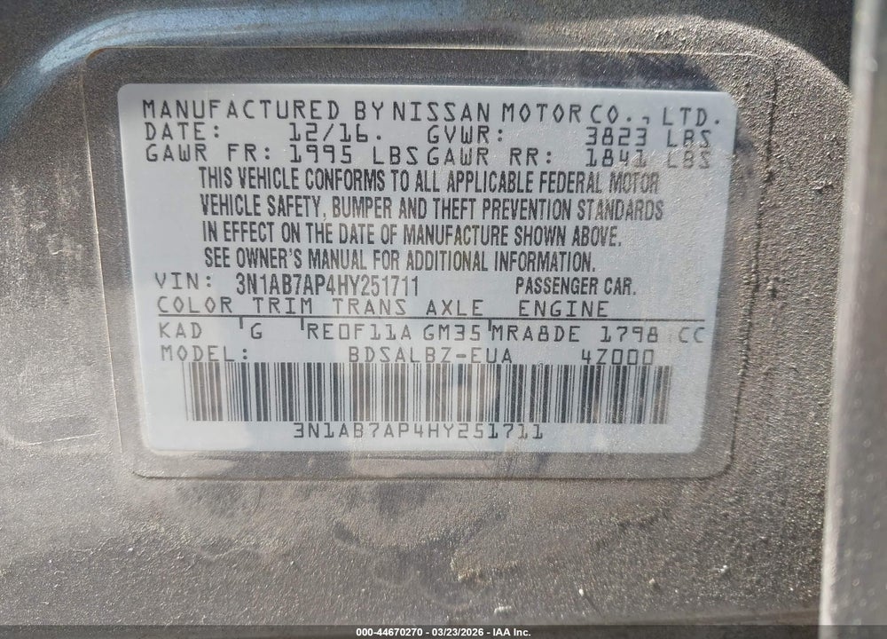 2017 NISSAN SENTRA S VIN: 3N1AB7AP4HY251711