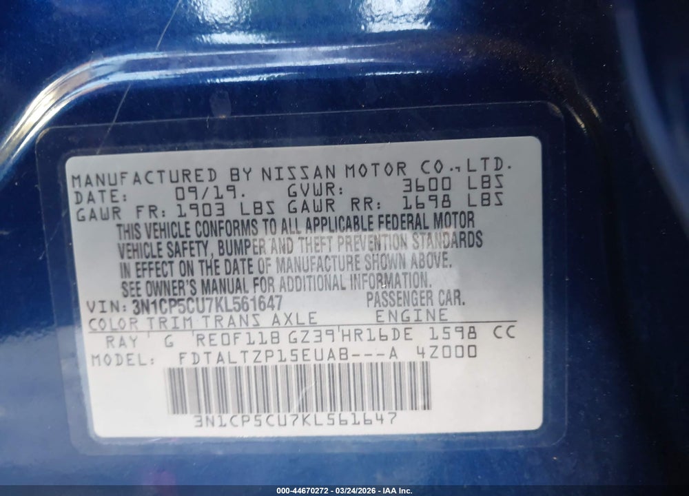2019 NISSAN KICKS SR VIN: 3N1CP5CU7KL561647