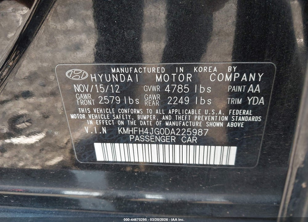 2013 HYUNDAI AZERA VIN: KMHFH4JG0DA225987