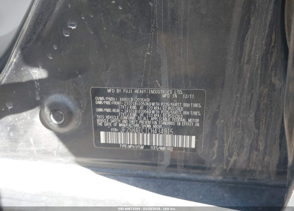2012 SUBARU FORESTER 2.5X LIMITED VIN: JF2SHAEC1CH434915