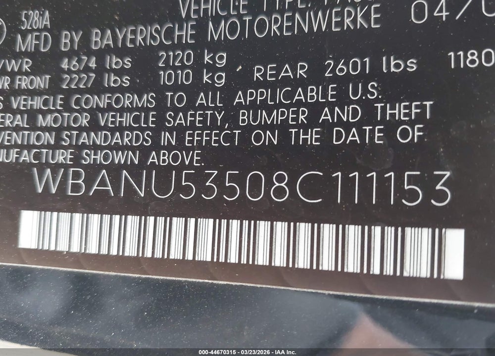 2008 BMW 528I VIN: WBANU53508C111153
