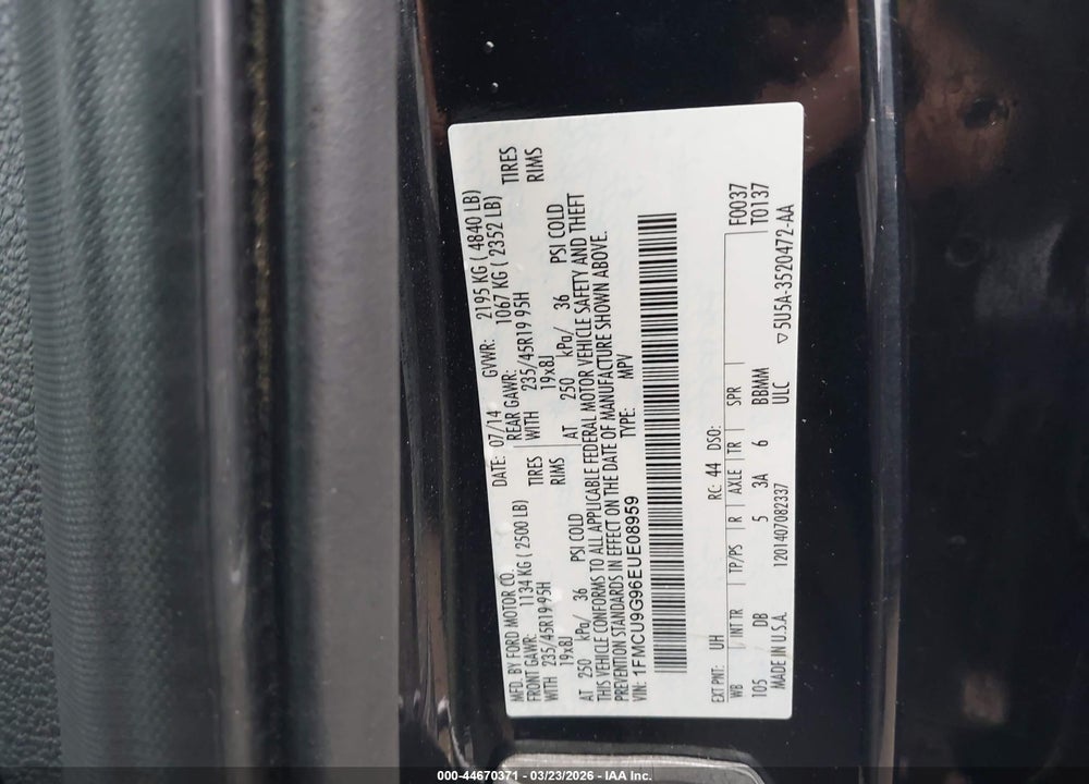 2014 FORD ESCAPE SE VIN: 1FMCU9G96EUE08959