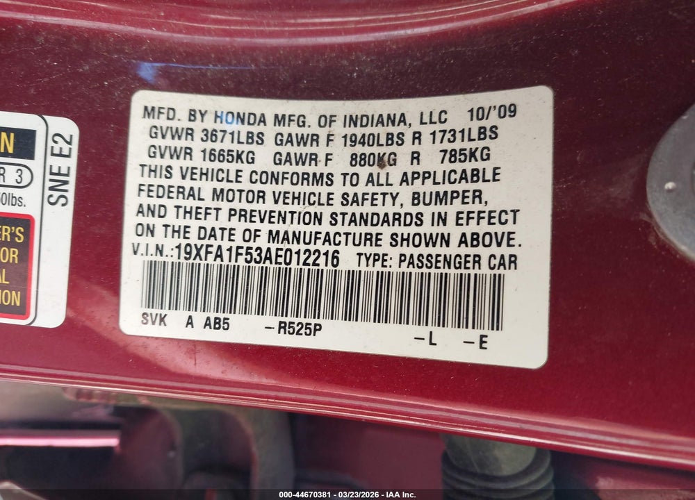 2010 HONDA CIVIC LX VIN: 19XFA1F53AE012216
