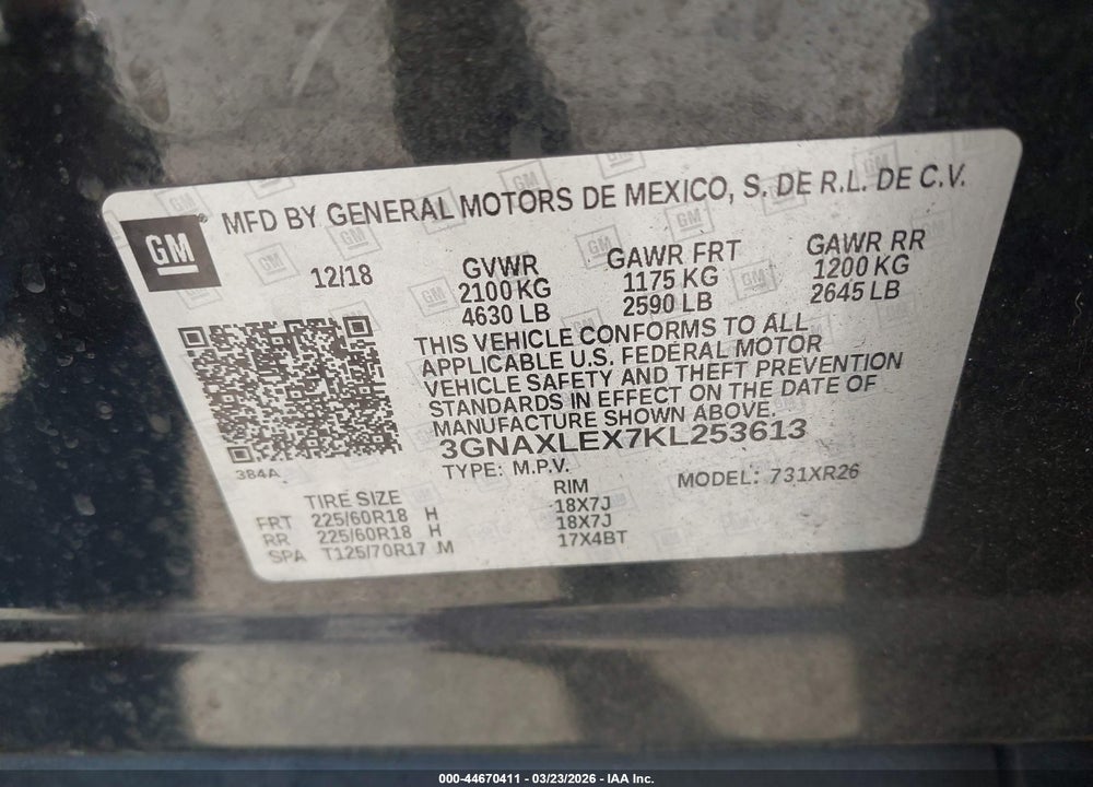 2019 CHEVROLET EQUINOX LT VIN: 3GNAXLEX7KL253613