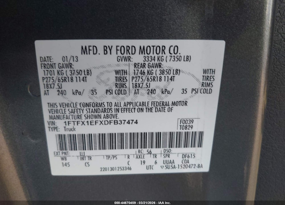 2013 FORD F-150 STX VIN: 1FTFX1EFXDFB37474