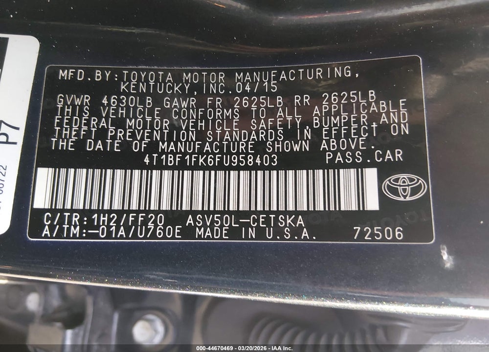 2015 TOYOTA CAMRY SE VIN: 4T1BF1FK6FU958403