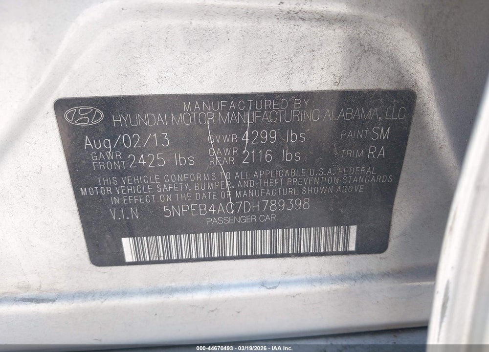 2013 HYUNDAI SONATA GLS VIN: 5NPEB4AC7DH789398