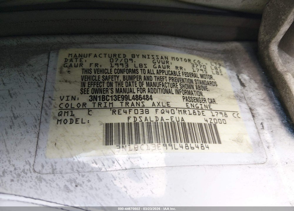 2009 NISSAN VERSA 1.8S VIN: 3N1BC13E99L486484