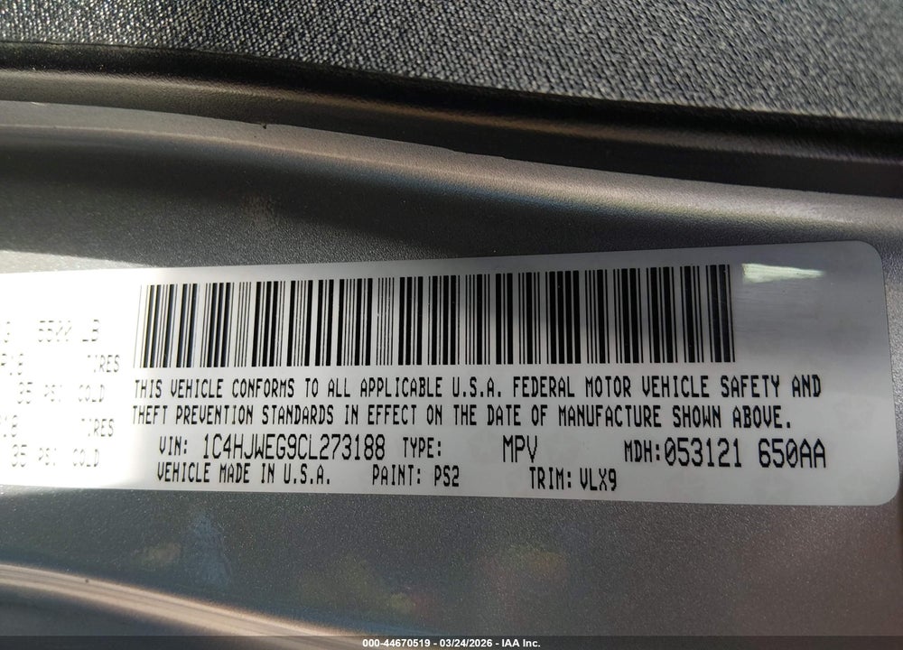2012 JEEP WRANGLER UNLIMITED SAHARA VIN: 1C4HJWEG9CL273188