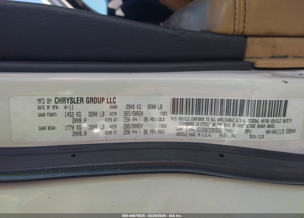 2011 DODGE DURANGO CITADEL VIN: 1D4RE5GG9BC695866
