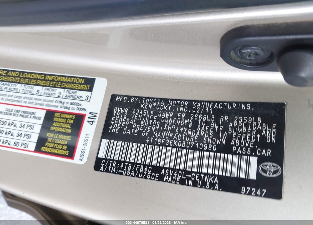 2011 TOYOTA CAMRY LE VIN: 4T1BF3EK0BU710980