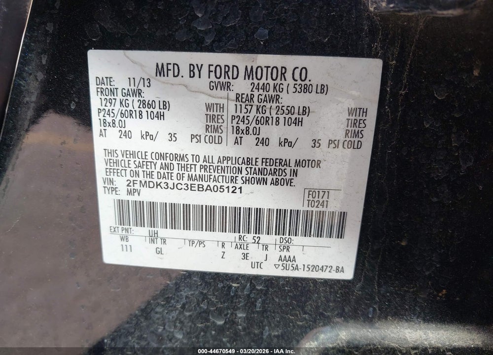 2014 FORD EDGE SEL VIN: 2FMDK3JC3EBA05121