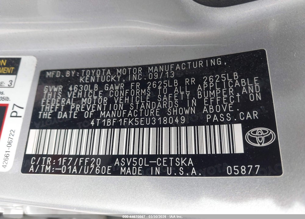 2014 TOYOTA CAMRY SE VIN: 4T1BF1FK5EU318049
