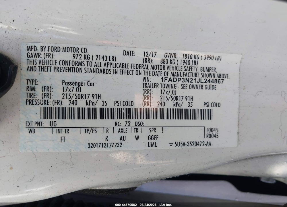 2018 FORD FOCUS TITANIUM VIN: 1FADP3N21JL244867