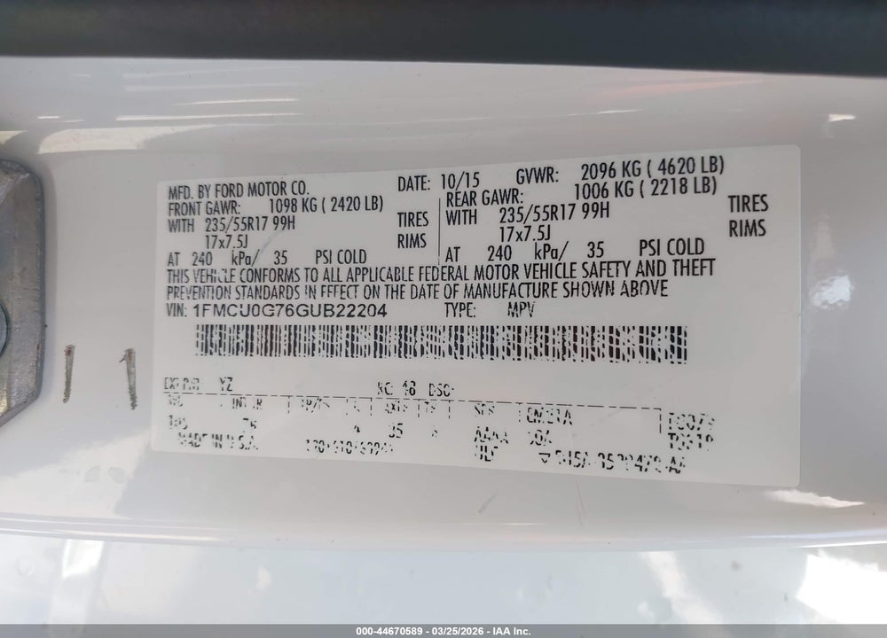 2016 FORD ESCAPE SE VIN: 1FMCU0G76GUB22204