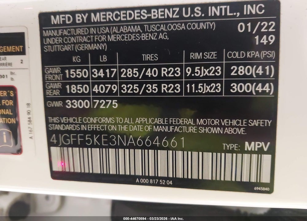 2022 MERCEDES-BENZ GLS 450 4MATIC VIN: 4JGFF5KE3NA664661