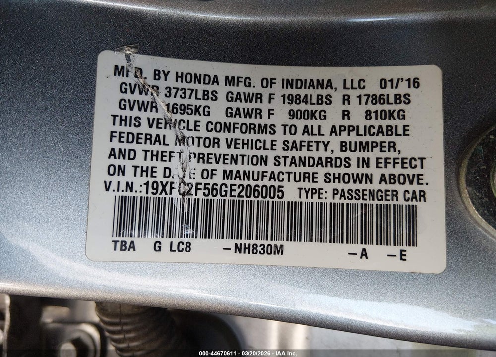 2016 HONDA CIVIC LX VIN: 19XFC2F56GE206005