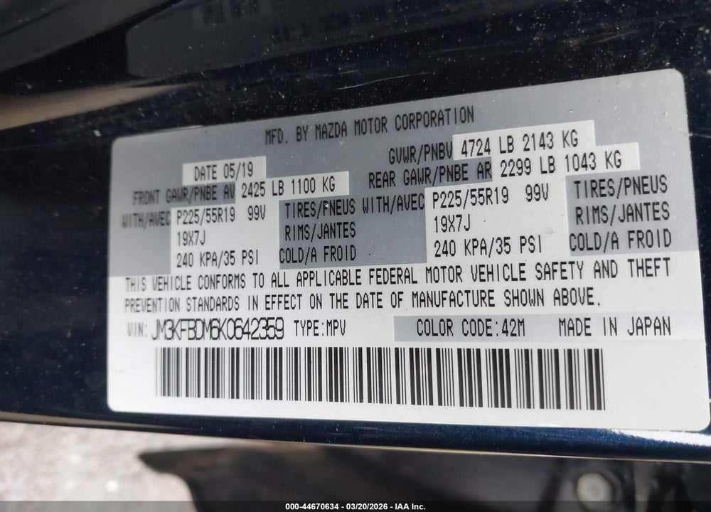 2019 MAZDA CX-5 GRAND TOURING VIN: JM3KFBDM6K0642359