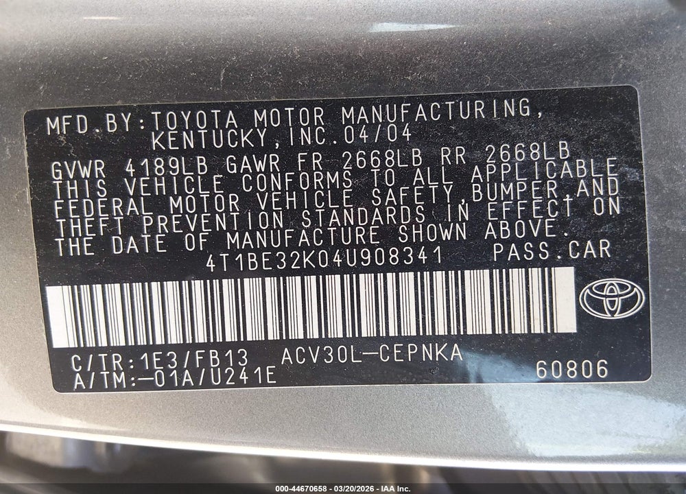 2004 TOYOTA CAMRY STD VIN: 4T1BE32K04U908341