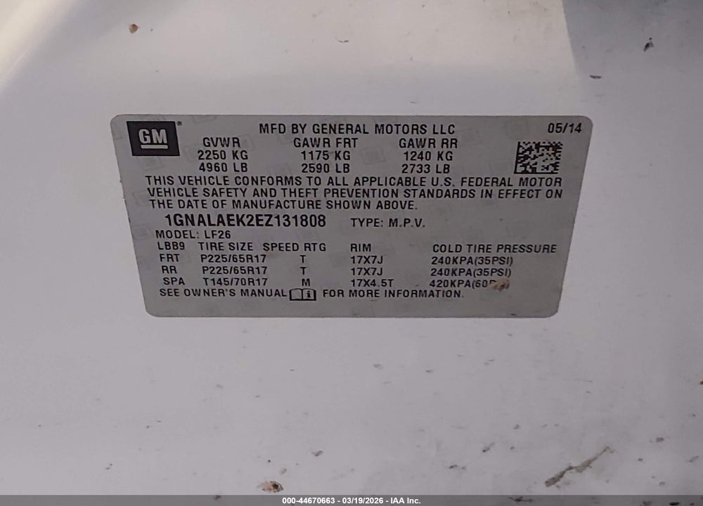 2014 CHEVROLET EQUINOX LS VIN: 1GNALAEK2EZ131808
