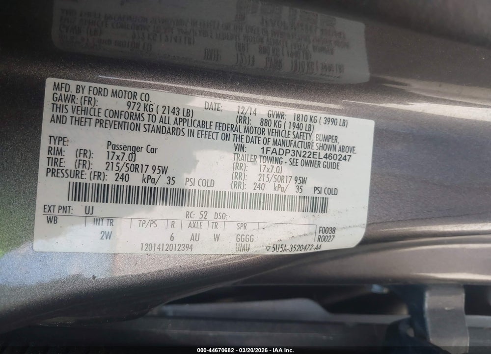 2014 FORD FOCUS TITANIUM VIN: 1FADP3N22EL460247