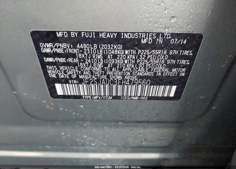 2015 SUBARU FORESTER 2.5I TOURING VIN: JF2SJAUC3FH479560
