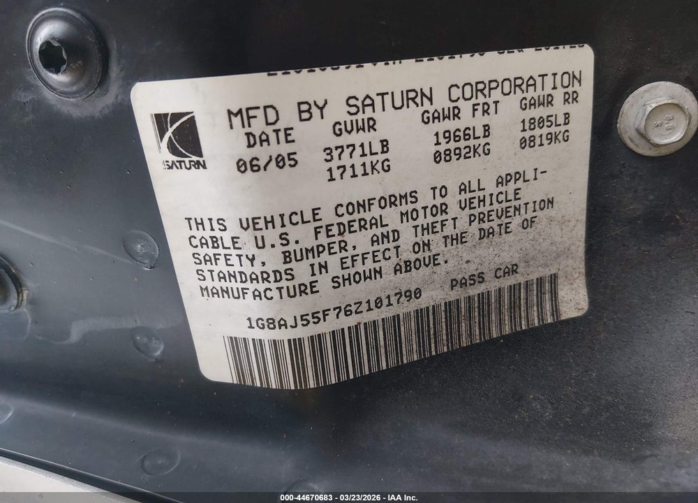 2006 SATURN ION 2 VIN: 1G8AJ55F76Z101790
