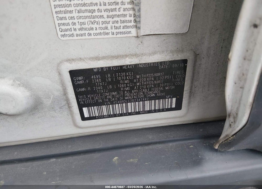 2011 SUBARU OUTBACK 3.6R LIMITED VIN: 4S4BRDLC2B2347442