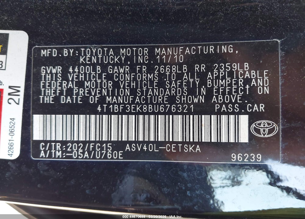2011 TOYOTA CAMRY SE VIN: 4T1BF3EK8BU676321