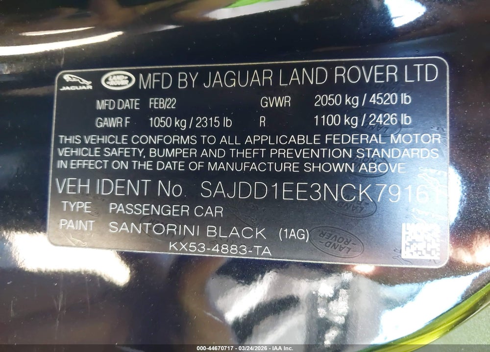 2022 JAGUAR F-TYPE P450 RWD AUTOMATIC VIN: SAJDD1EE3NCK79161