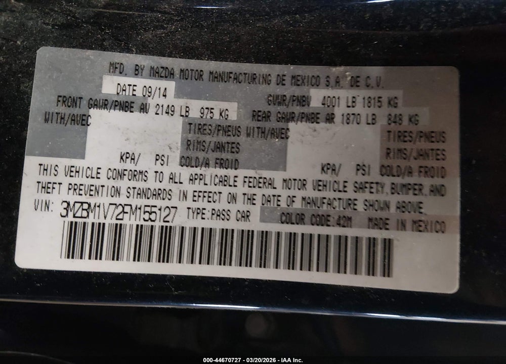 2015 MAZDA 3 I TOURING VIN: 3MZBM1V72FM155127