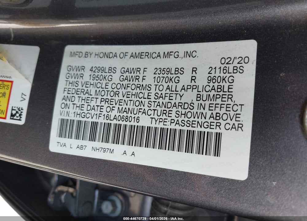 2020 HONDA ACCORD LX VIN: 1HGCV1F16LA068016