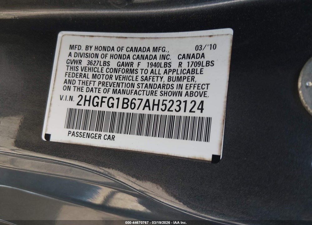 2010 HONDA CIVIC LX VIN: 2HGFG1B67AH523124