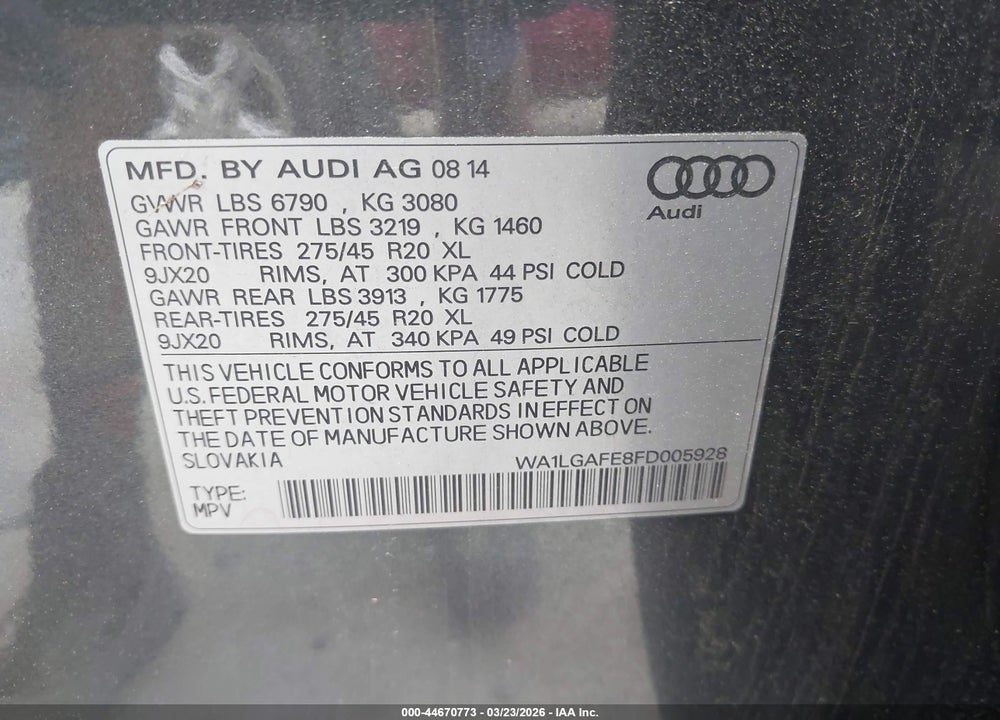 2015 AUDI Q7 3.0T PREMIUM VIN: WA1LGAFE8FD005928