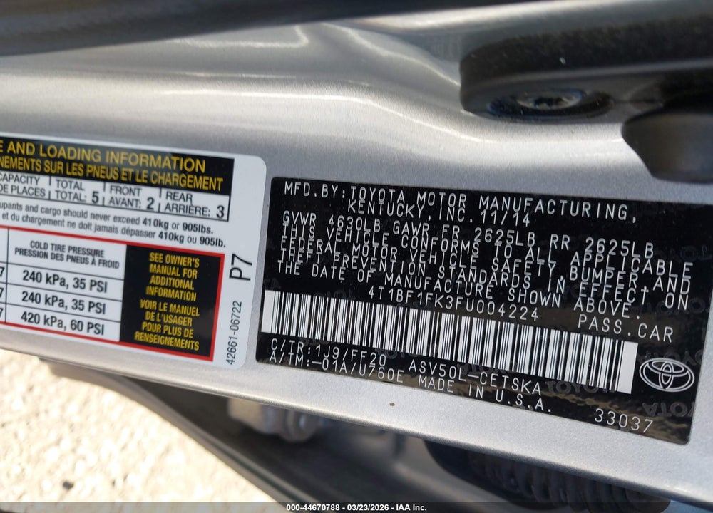 2015 TOYOTA CAMRY SE VIN: 4T1BF1FK3FU004224