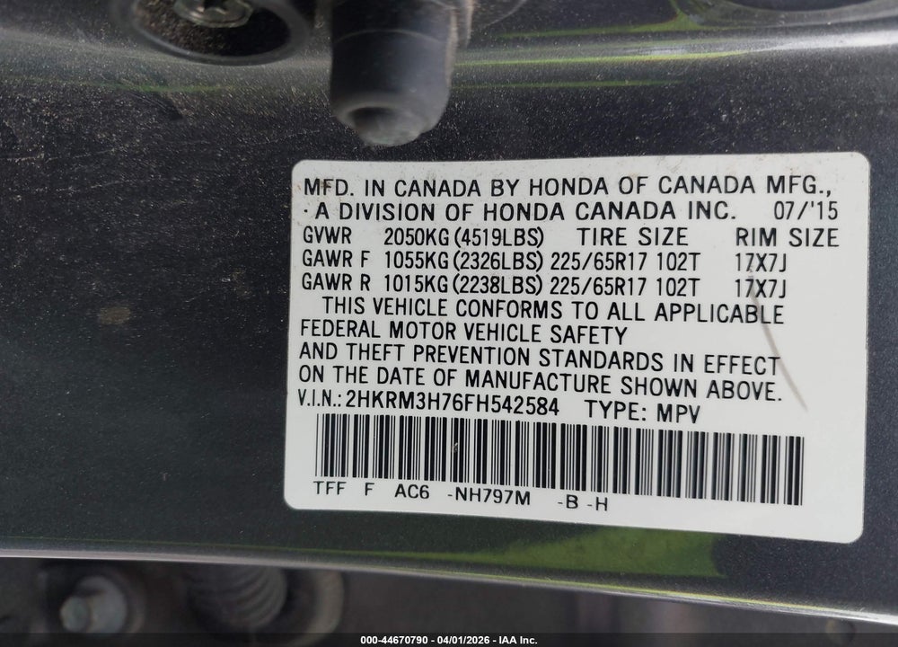 2015 HONDA CR-V EX-L VIN: 2HKRM3H76FH542584