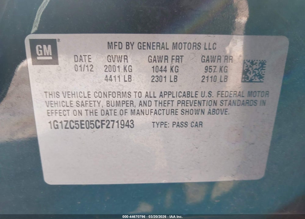 2012 CHEVROLET MALIBU 1LT VIN: 1G1ZC5E05CF271943