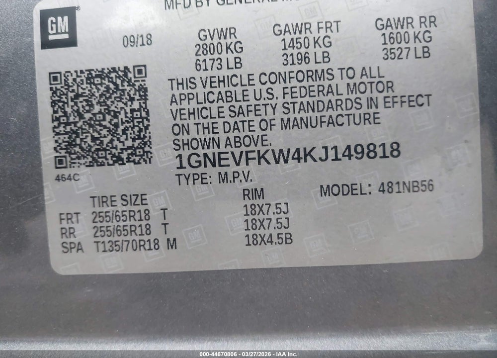2019 CHEVROLET TRAVERSE LS VIN: 1GNEVFKW4KJ149818