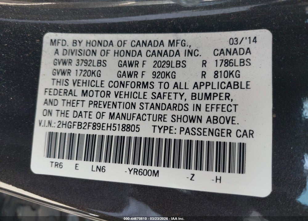 2014 HONDA CIVIC VIN: 2HGFB2F89EH518805