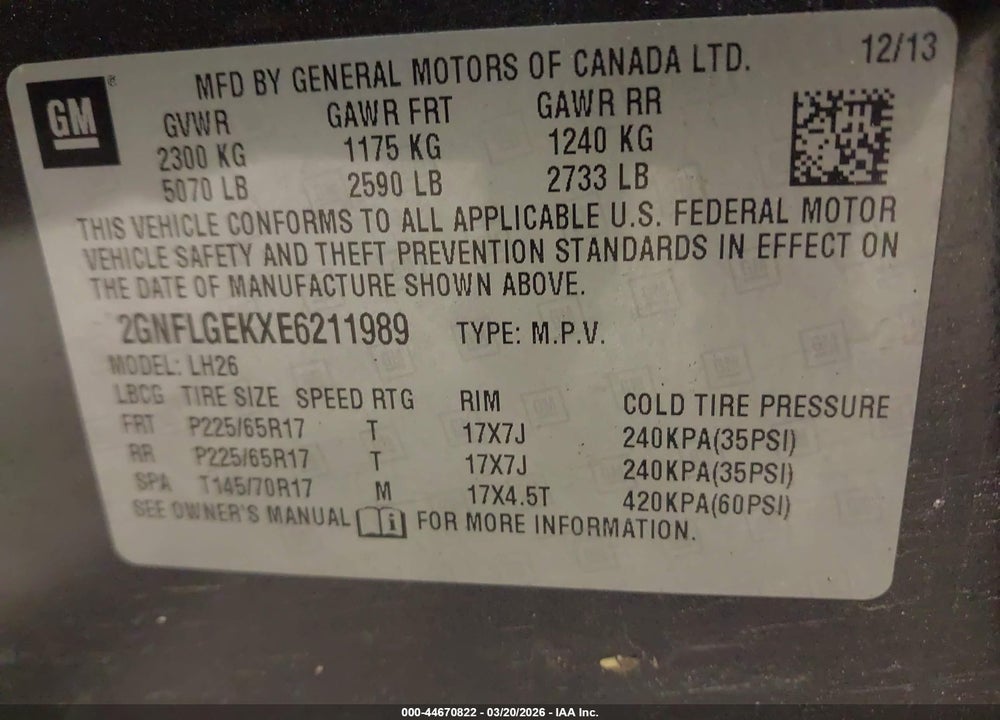 2014 CHEVROLET EQUINOX 2LT VIN: 2GNFLGEKXE6211989