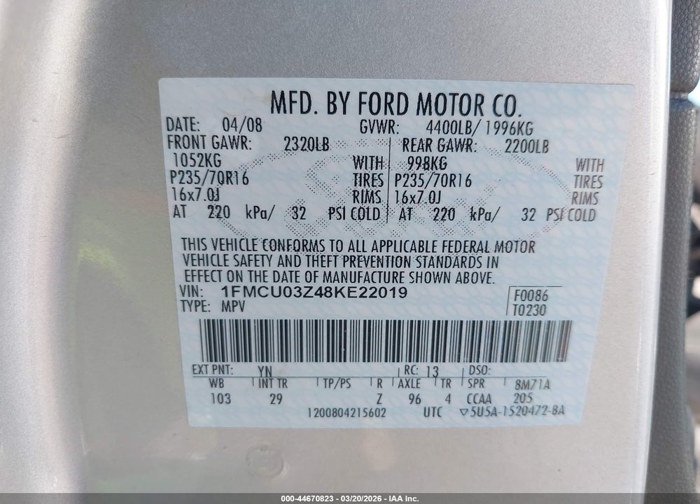 2008 FORD ESCAPE XLT VIN: 1FMCU03Z48KE22019