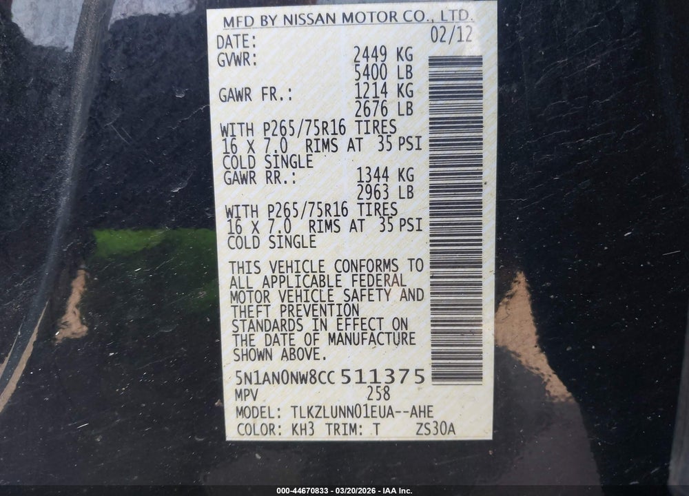 2012 NISSAN XTERRA PRO-4X VIN: 5N1AN0NW8CC511375
